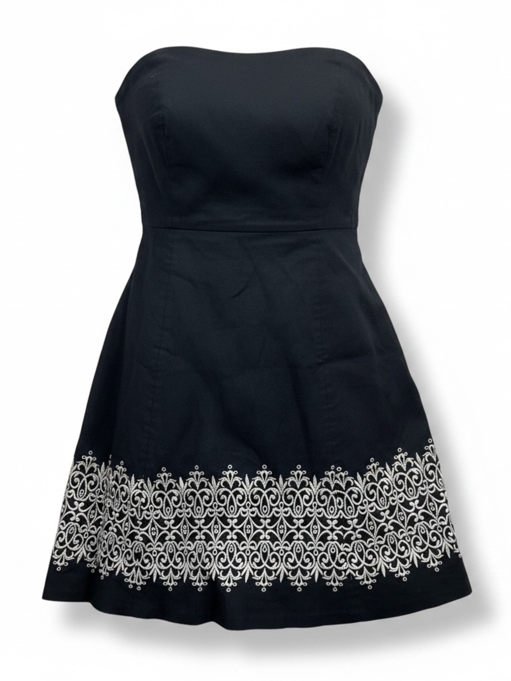 LOFT Navy Blue Lined Strapless Dress Size 8P White Embroidery Side Zipper